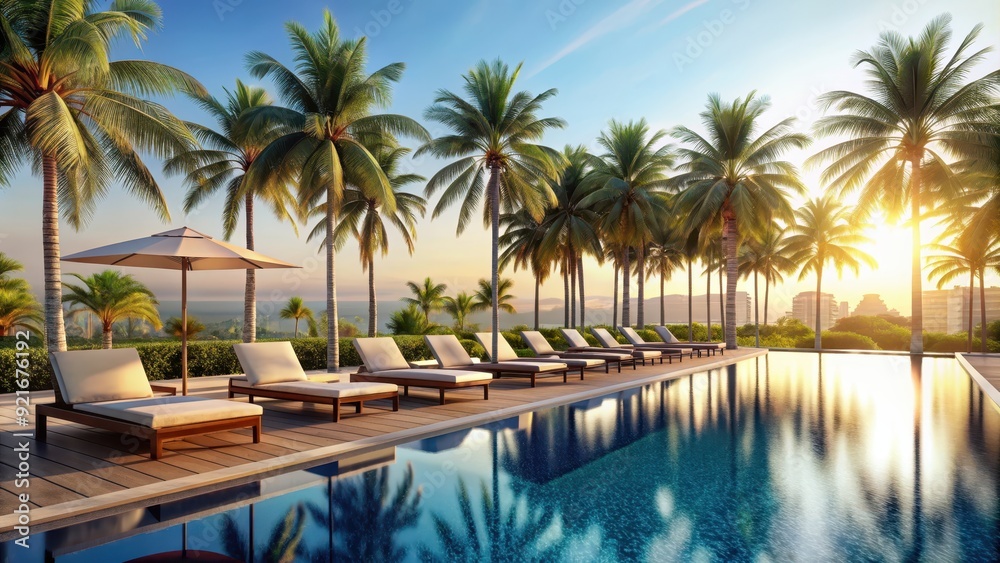 Fototapeta premium Luxury hotel poolside with palm trees and sun loungers, luxury, hotel, poolside, palm trees, sun loungers, relaxation
