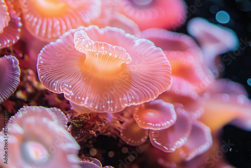 A mesmerizing close-up image of vibrant coral polyps under the sea. The delicate, translucent pink and orange hues of the coral polyps create an ethereal, glowing effect. photo