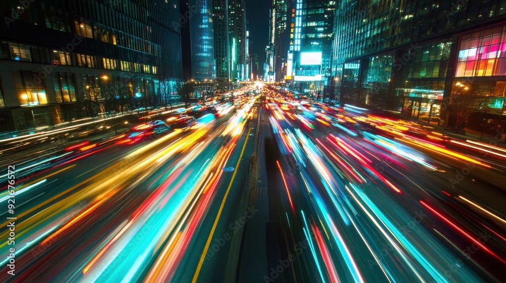 Obraz premium Dynamic time-lapse of urban life illustrating fast-paced movements and colorful lights