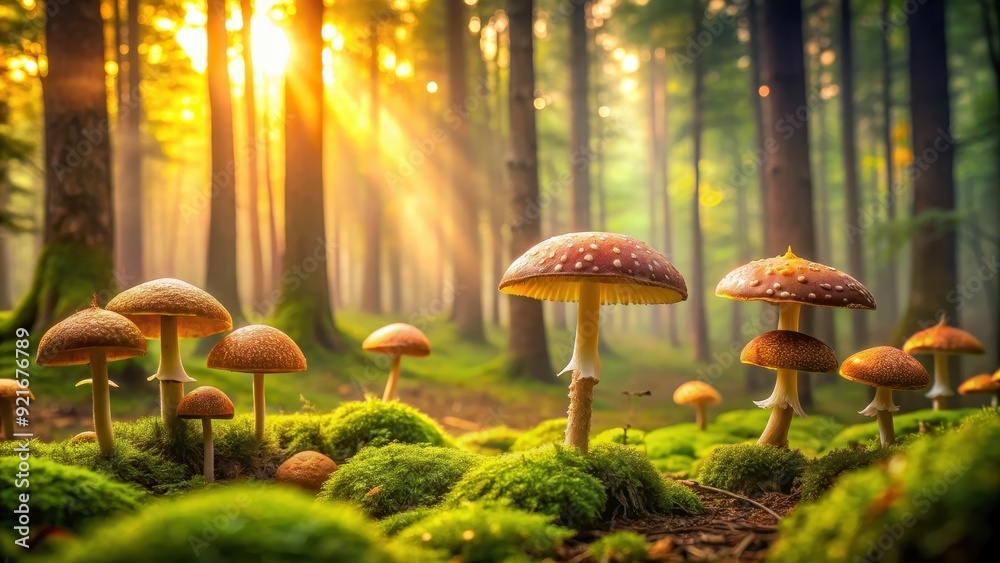 Fototapeta premium Tranquil scene of mushrooms in a lush forest setting, mushrooms, forest, peaceful, nature, growth, foliage, tranquility