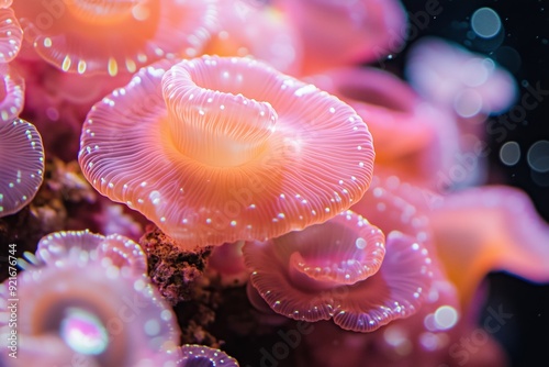 A mesmerizing close-up image of vibrant coral polyps under the sea. The delicate, translucent pink and orange hues of the coral polyps create an ethereal, glowing effect. photo