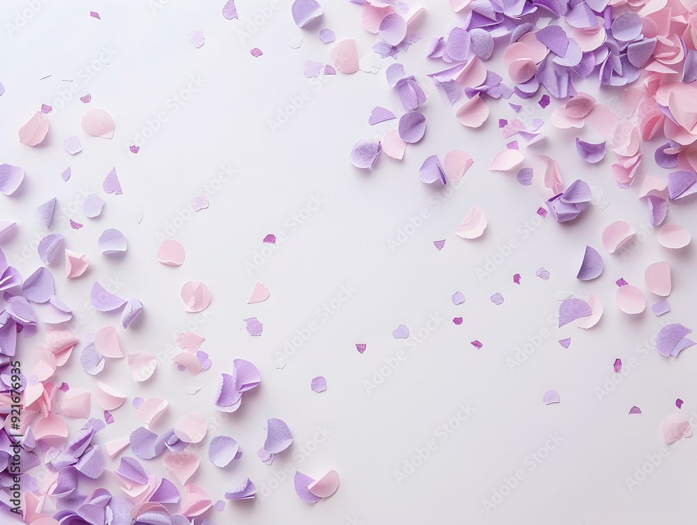 Obraz premium A white background with purple and pink flowers scattered all over it. The flowers are in different sizes and shapes, creating a sense of movement and liveliness. Scene is cheerful and vibrant