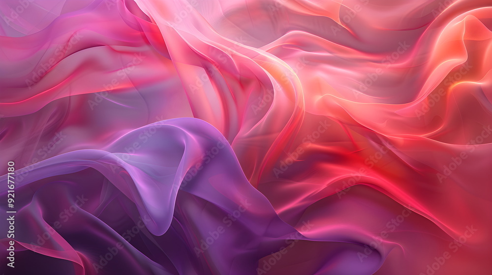 Obraz premium Abstract wave in iridescent neon-rainbow shades, pink, purple, red, blue. Waves of smoke or fabric flying in the wind. Iridescent fabric, holographic texture. Banner background with space for text