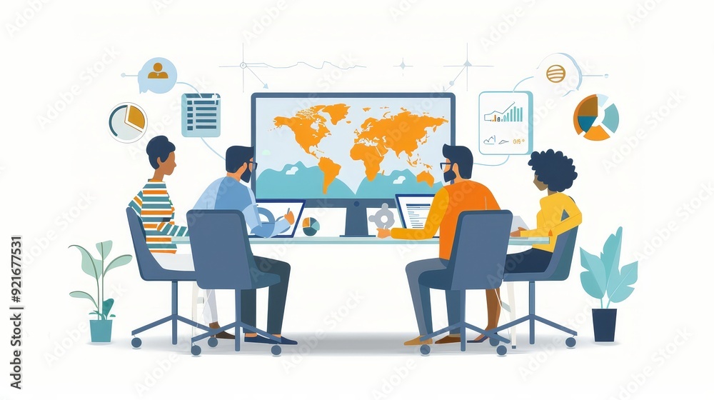 A smart user conducting a virtual meeting with glo  530 business, businessman, computer, internet, people, technology, laptop, office, communication, team, concept, network, vector, illustration, pres