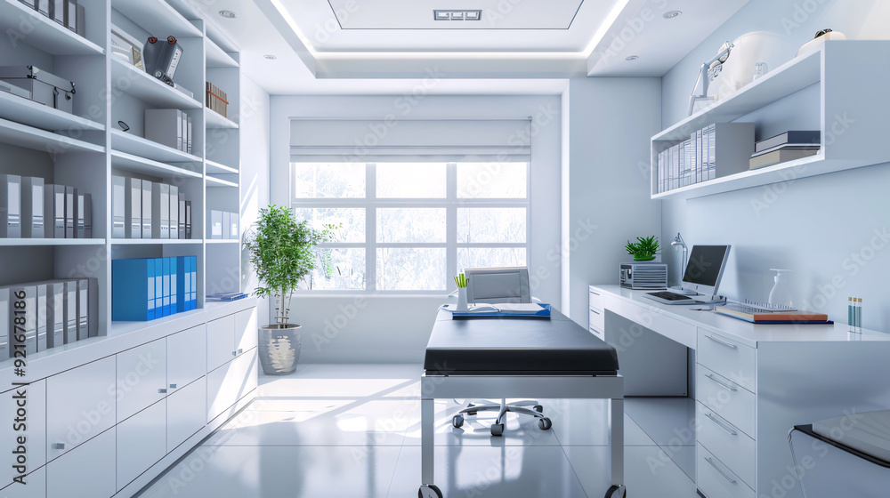 Modern, minimalist office interior with a large window, white furniture, and shelves filled with folders. Generative Ai Modern, minimalist office interior with a large window, white furniture, and shelves filled with folders. Generative Ai