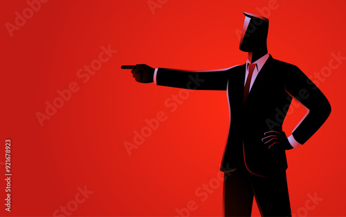 Vector illustration of a businessman standing confidently while pointing his finger. Perfect for leadership and motivational materials, this image symbolize authority, direction, and decisiveness