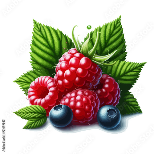 flat vector  illustration of Ripe raspberries with leaf isolated on a white background