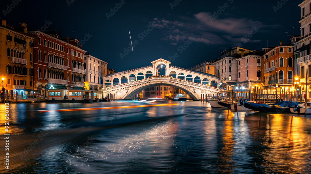 The Rialto Bridge in Venice under the night sky, bright lights from buildings and boat trails creating a picturesque scene The Rialto Bridge in Venice under the night sky, bright lights from buildings and boat trails creating a picturesque scene