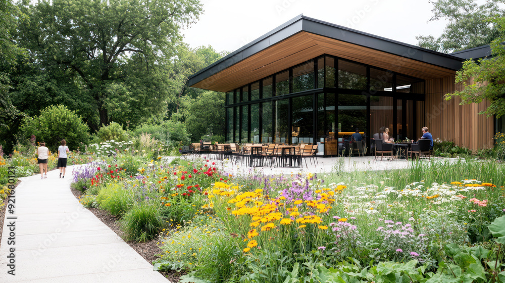 A house with outdoor seating areas by meadow, nature architecture A house with outdoor seating areas by meadow, nature architecture