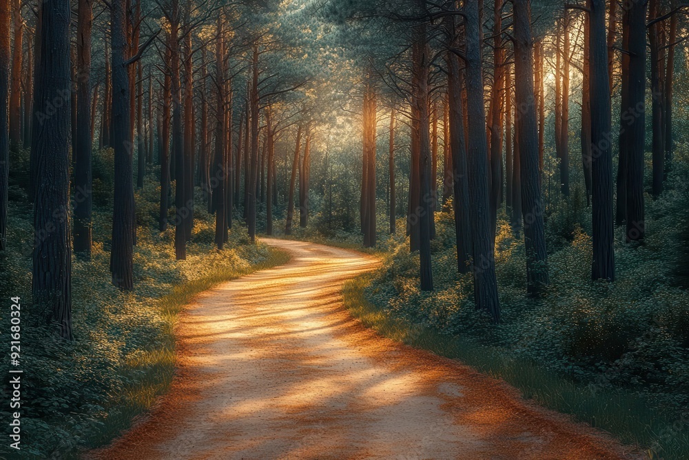 Obraz premium Bicycle path winding through a pine forest, inviting and serene
