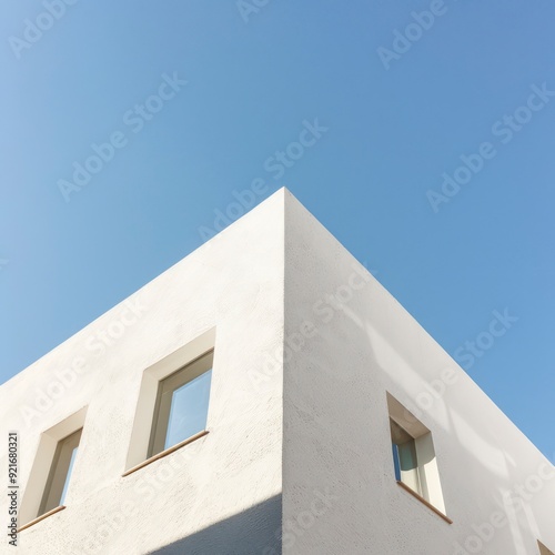 minimalistic white corner of building with high contrast shadow in a blue sky