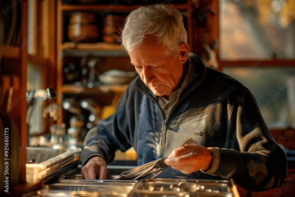 An elderly man in a blue sweater uses tongs to cook. An elderly man in a blue sweater uses tongs to cook.