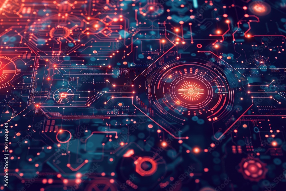 Abstract Technology Background with Glowing Red Circuitry Abstract Technology Background with Glowing Red Circuitry
