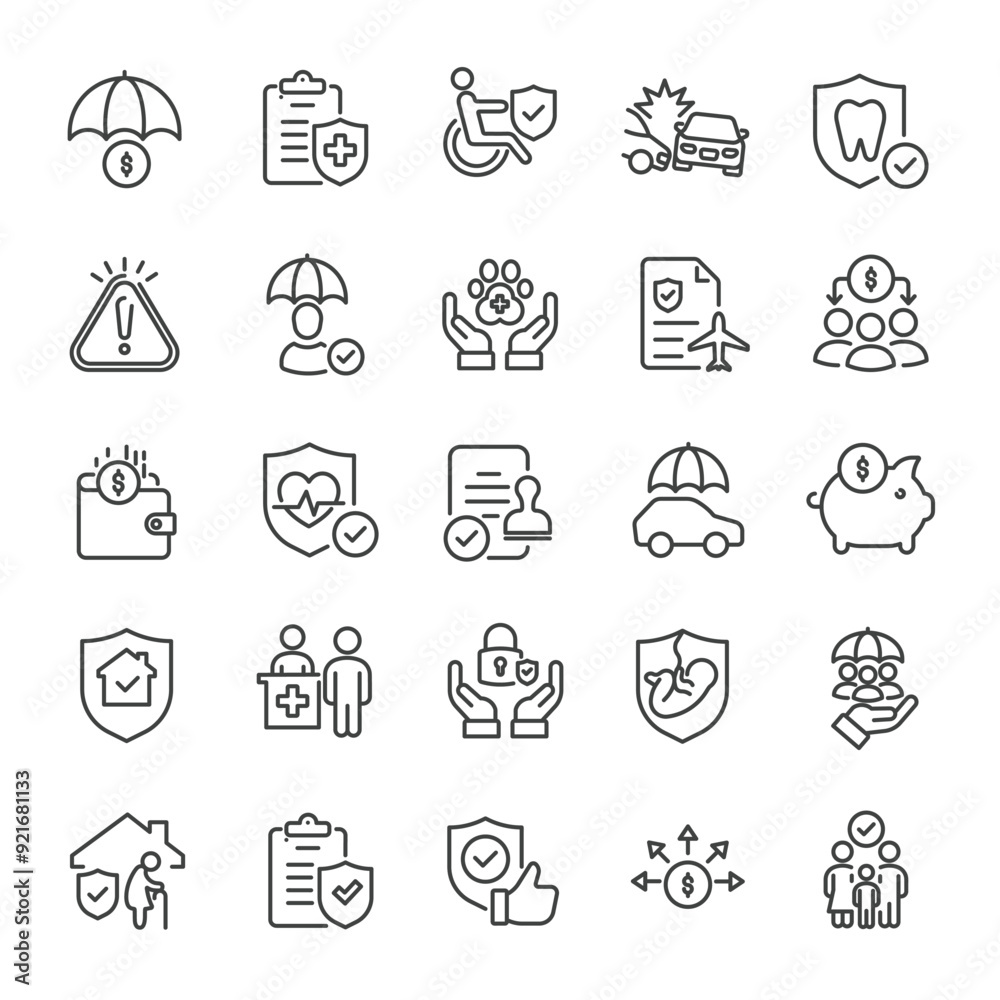 Insurance thin line icons collection. Editable stroke. For website marketing design, logo, app, template, ui, etc. Vector illustration. Insurance thin line icons collection. Editable stroke. For website marketing design, logo, app, template, ui, etc. Vector illustration.