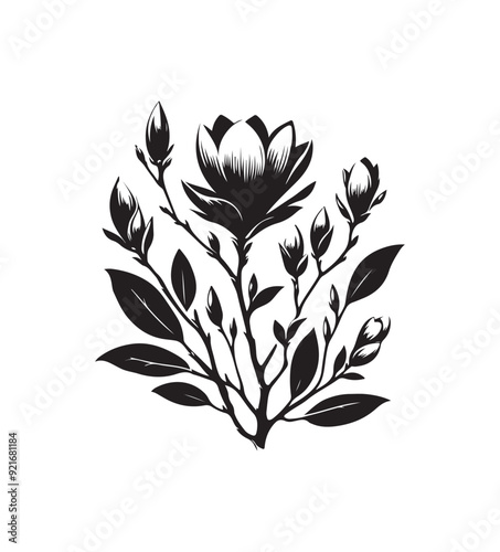 magnolia vector style,silhouette vector,black and white color photo