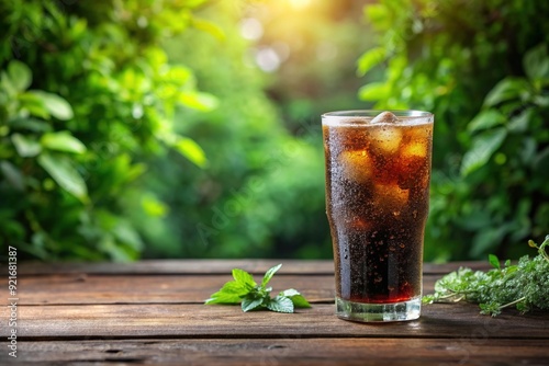 Frosted glass filled with refreshing cola, beaded with condensation, sits on a rustic wooden table amidst lush greenery, with ample copy space available.