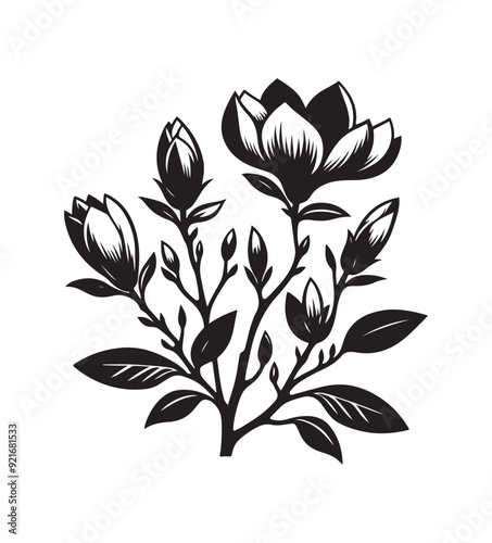 magnolia vector style,silhouette vector,black and white color photo