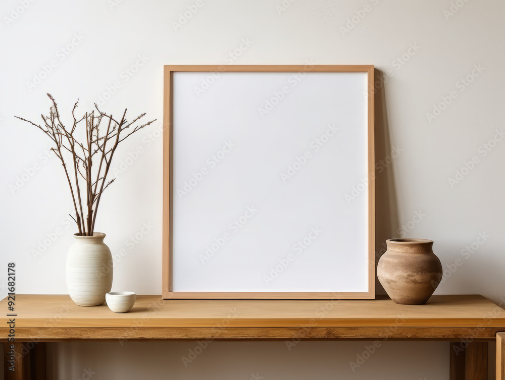 Generous Wooden picture frame on a shelf with cactus