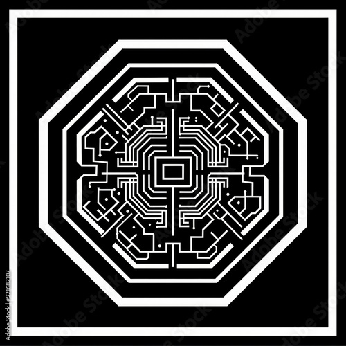 octagon circuits brain icon with flat black and white design