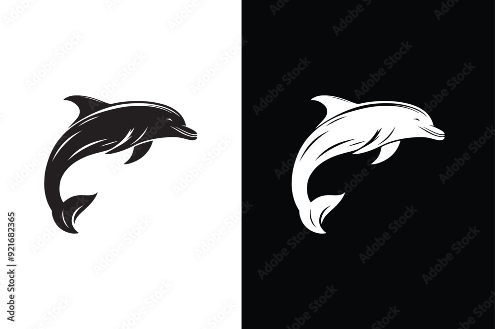 Naklejka premium Dolphin logo design vector silhouette illustration. Dolphin icon illustration black white background.