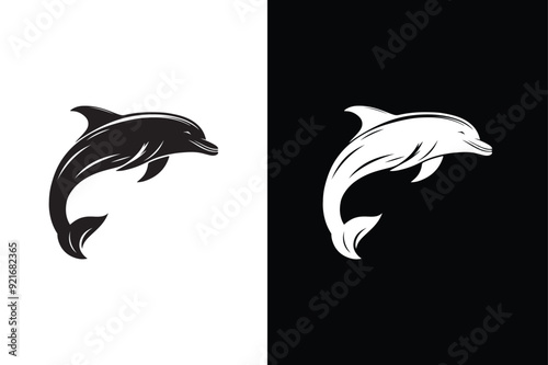 Dolphin logo design vector silhouette illustration. Dolphin icon illustration black white background.
