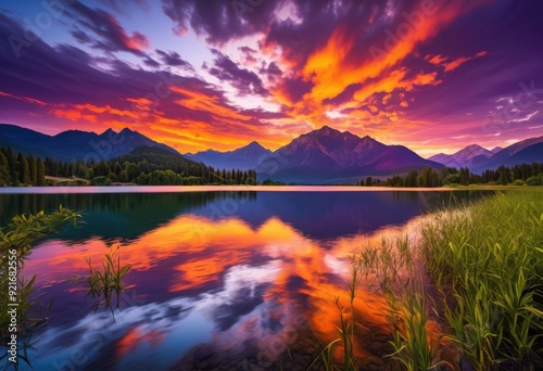 breathtaking landscapes showcasing vibrant sunset reflections over majestic mountains serene lakes, captivating, colorsplash, cloudscape, clouds, dusk