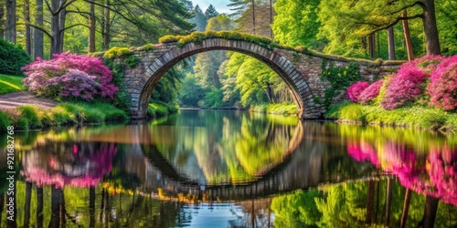 Beautiful stone bridge in Azalea and Rhododendron Park Kromlau, Germany, with its reflection creating a perfect circle photo