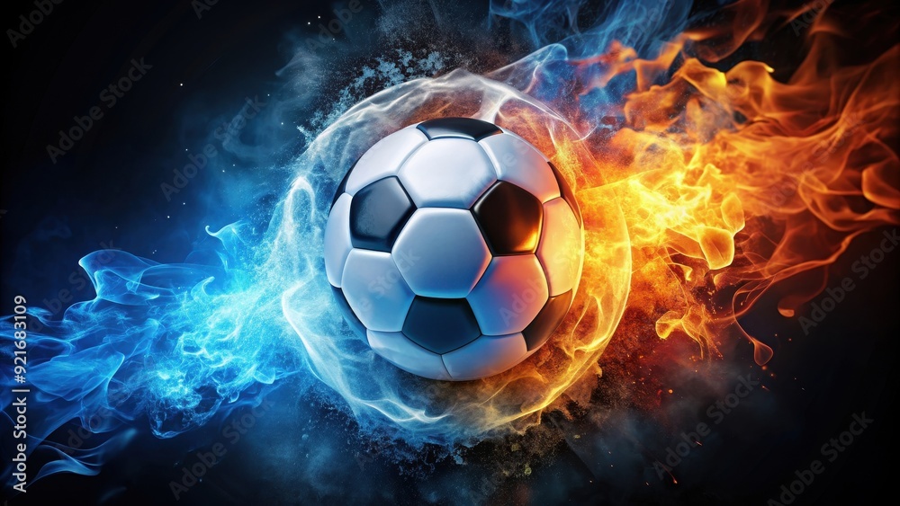 Naklejka premium Dynamic soccer ball surrounded by stylized flames and ice, representing intense competition and the duality of elements in sports