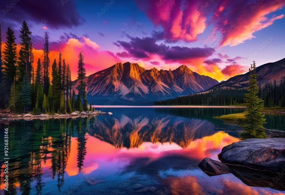 Fototapeta premium breathtaking vistas showcasing vibrant sunset over majestic mountains rich colors striking landscapes, sky, clouds, horizon, view, scenery, nature, beauty