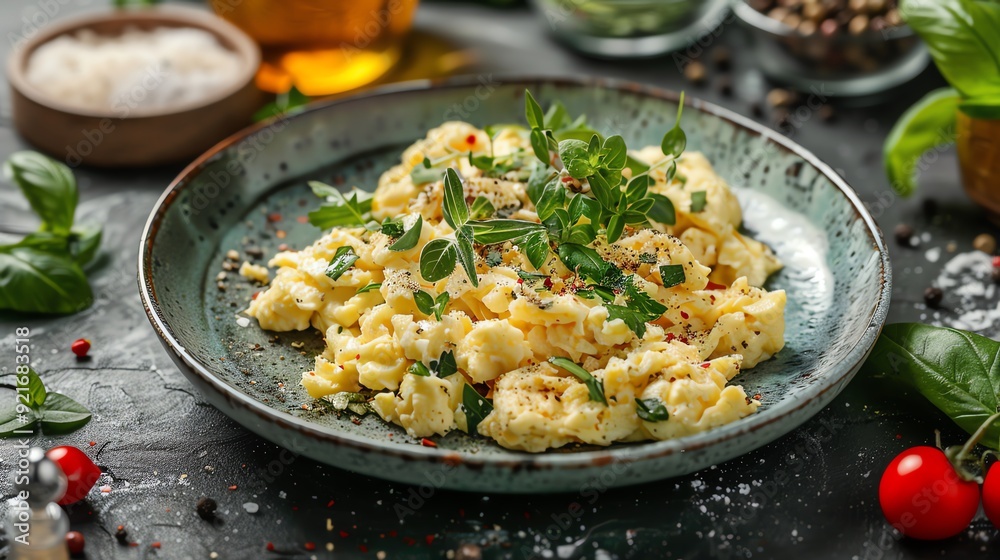 A plate of scrambled eggs with herbs and spices. A plate of scrambled eggs with herbs and spices.