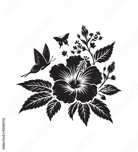 native hibiscus vector style,silhouette vector,black and white color photo