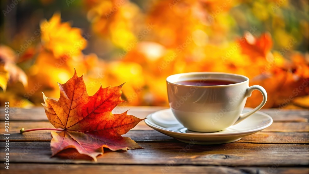 Closeup view of a cup of tea with a vibrant autumn leaf , tea, cup, drink, autumn, leaf, hot beverage, warm, cozy Closeup view of a cup of tea with a vibrant autumn leaf , tea, cup, drink, autumn, leaf, hot beverage, warm, cozy