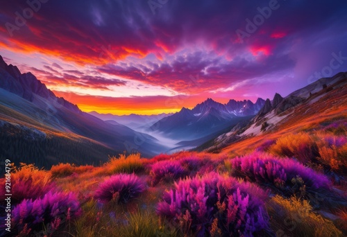 breathtaking vibrant sunrise illuminating majestic mountain landscapes stunning natural beauty, nature, scenery, sky, clouds, color, light, horizon, view