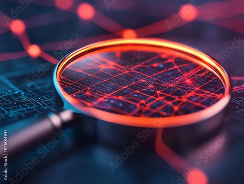 A 3D magnifying glass hovering over a digital network, revealing hidden data, symbolizing search engine precision