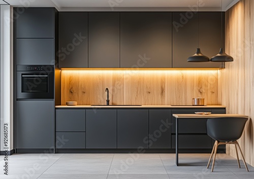 Modern Kitchen Interior with Sleek Design and Wooden Accents