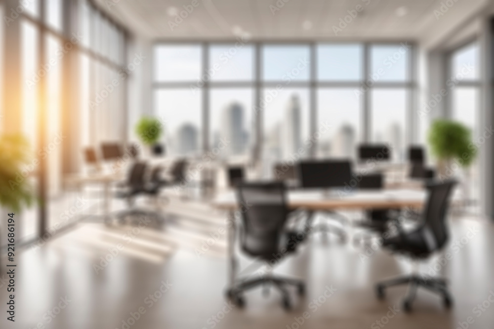 Blurred empty open space office. Abstract light bokeh at office interior background Blurred empty open space office. Abstract light bokeh at office interior background