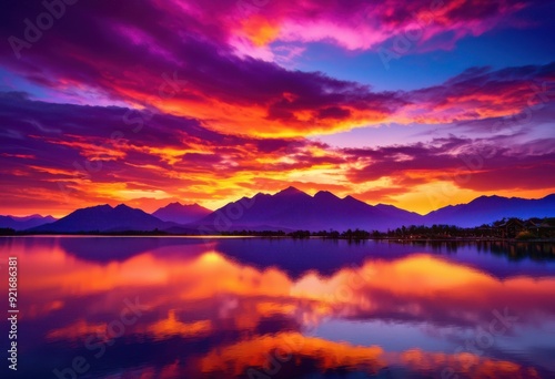 vibrant sky bursting colorful sunset shades brilliant hues purple, clouds, orange, pink, light, evening, beauty, nature, scene, dramatic, landscape, colors