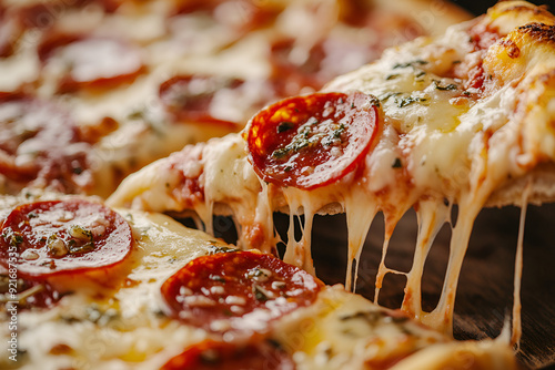 A close-up of a greasy cheesy pepperoni pizza slice being pulled away with strings of melted cheese.