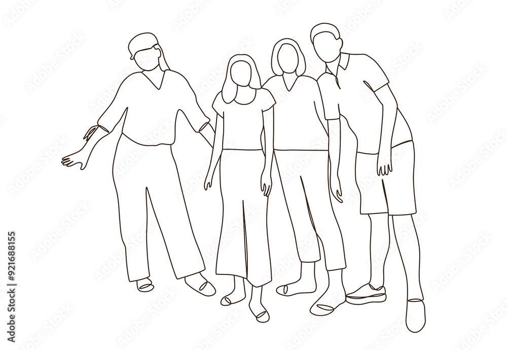 Line art of front view and full length of the friendships of four young friends together. happy summer travel bonding Line art of front view and full length of the friendships of four young friends together. happy summer travel bonding