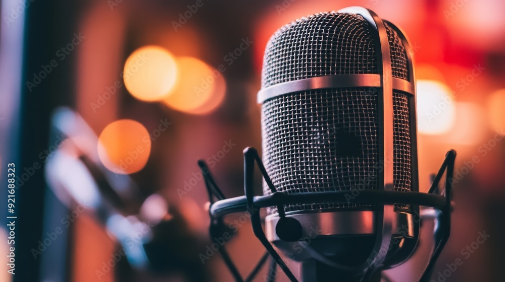 A close-up image of a professional microphone in a studio setting, capturing the intricate details of the microphone and the warm, inviting atmosphere of the background. It symbolizes communication A close-up image of a professional microphone in a studio setting, capturing the intricate details of the microphone and the warm, inviting atmosphere of the background. It symbolizes communication