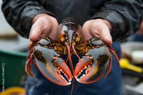 A close-up of a freshly caught lobster held by a fisherman's hands, showcasing the lobster's vibrant colors, intricate details, and the fisherman's skill. photo