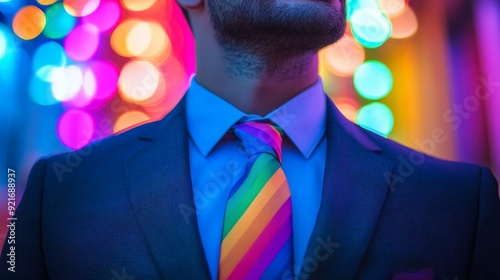 Wallpaper Mural A close-up of a man in a blue suit wearing a rainbow tie, standing in front of colorful blurred lights, symbolizing pride, acceptance, diversity, celebration, and individuality. Torontodigital.ca