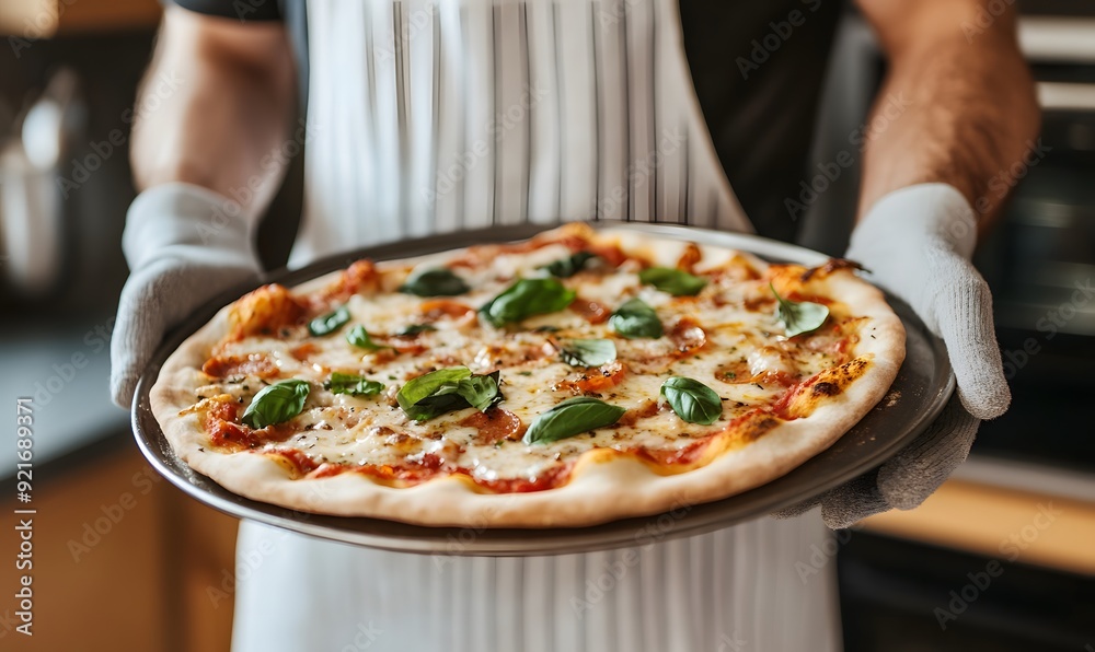a person wearing a kitchen apron is holding a pan with a homemade pizza, Generative AI a person wearing a kitchen apron is holding a pan with a homemade pizza, Generative AI