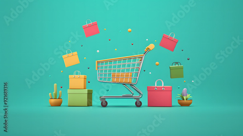 A shopping cart filled with colorful shopping bags, showcasing a variety of retail items ready for purchase. photo