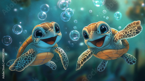 print illustration of two cute colorful baby turtles
