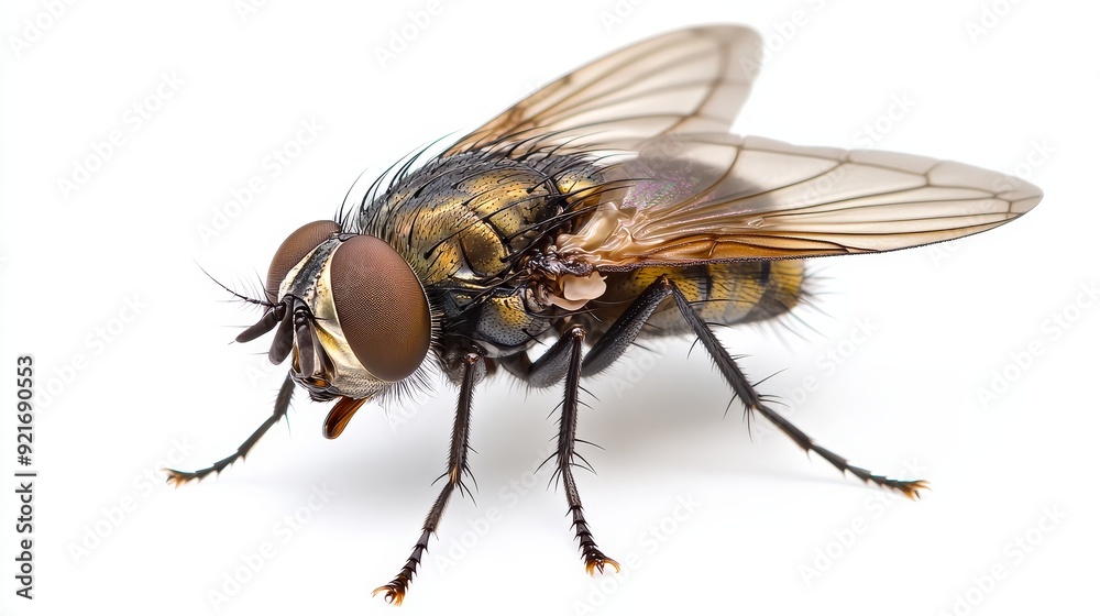 A detailed close-up of a fly, showcasing its intricate body structure, compound eyes, hairy legs, and transparent wings. The image captures the delicate details of this common insect A detailed close-up of a fly, showcasing its intricate body structure, compound eyes, hairy legs, and transparent wings. The image captures the delicate details of this common insect