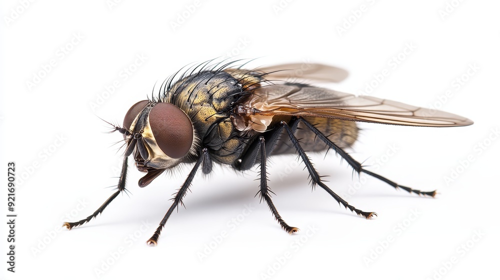 A detailed image of a house fly, highlighting its compound eyes, wings, and legs. The image captures the intricate details of this common insect. A detailed image of a house fly, highlighting its compound eyes, wings, and legs. The image captures the intricate details of this common insect.