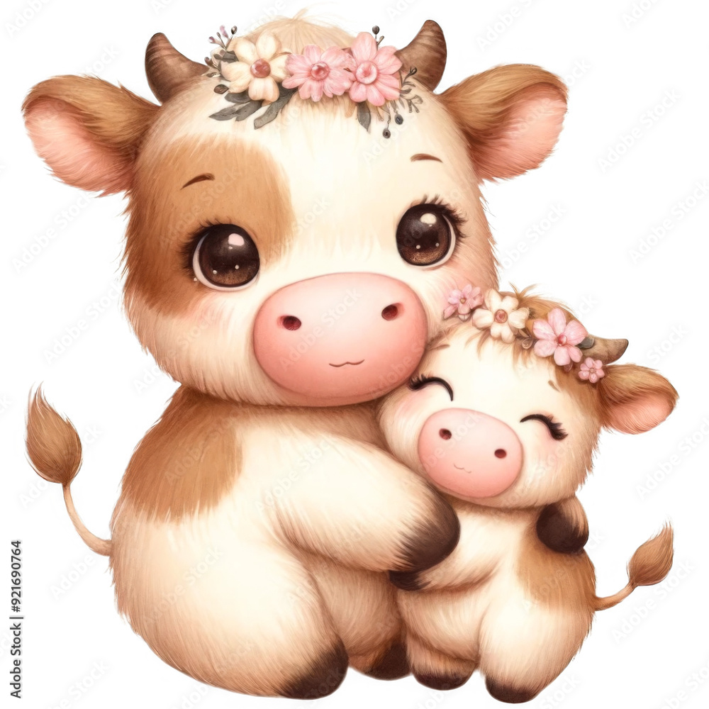 Cow with a baby hugging each other isolated 