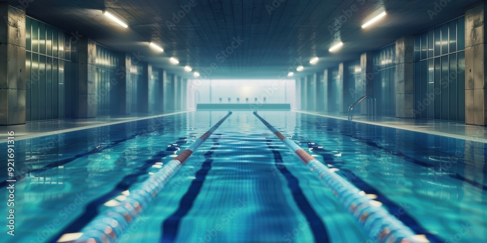 Indoor Swimming Pool with Blue Water and Misty Atmosphere Indoor Swimming Pool with Blue Water and Misty Atmosphere