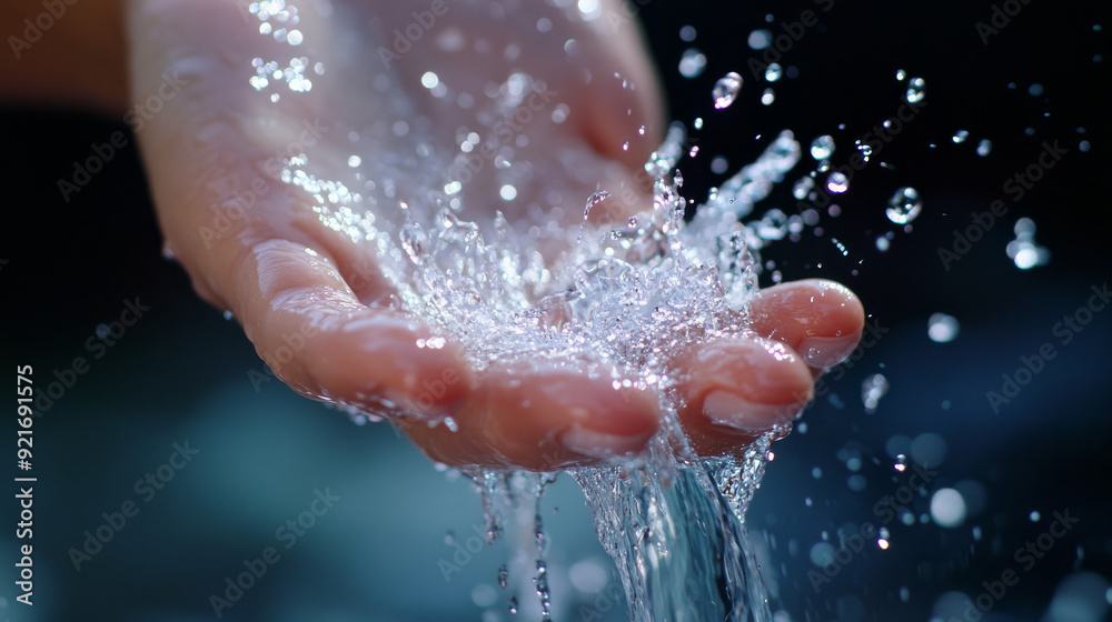 Fototapeta premium Water droplets cascade down, brushing against delicate fingers.